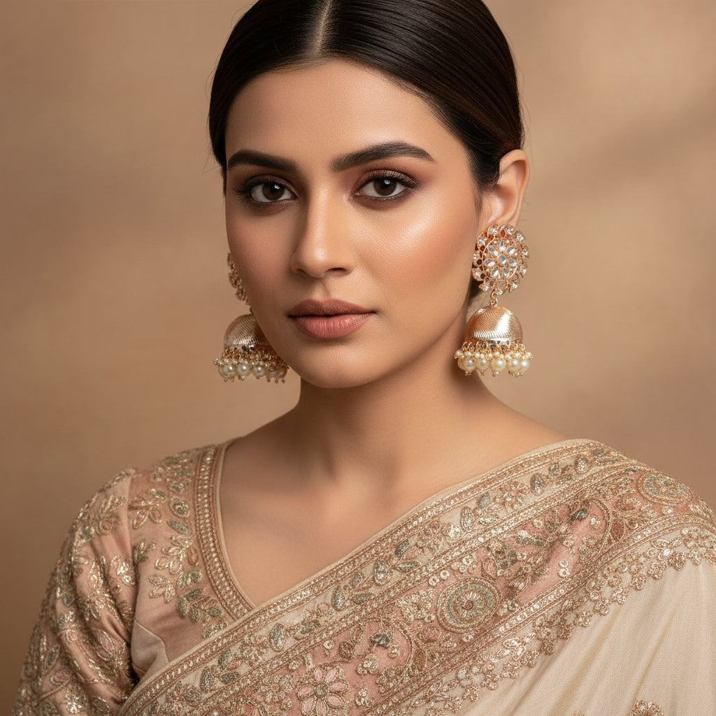 Gold and pearl earrings on a dark gray stand with 'SAHELI' branding.