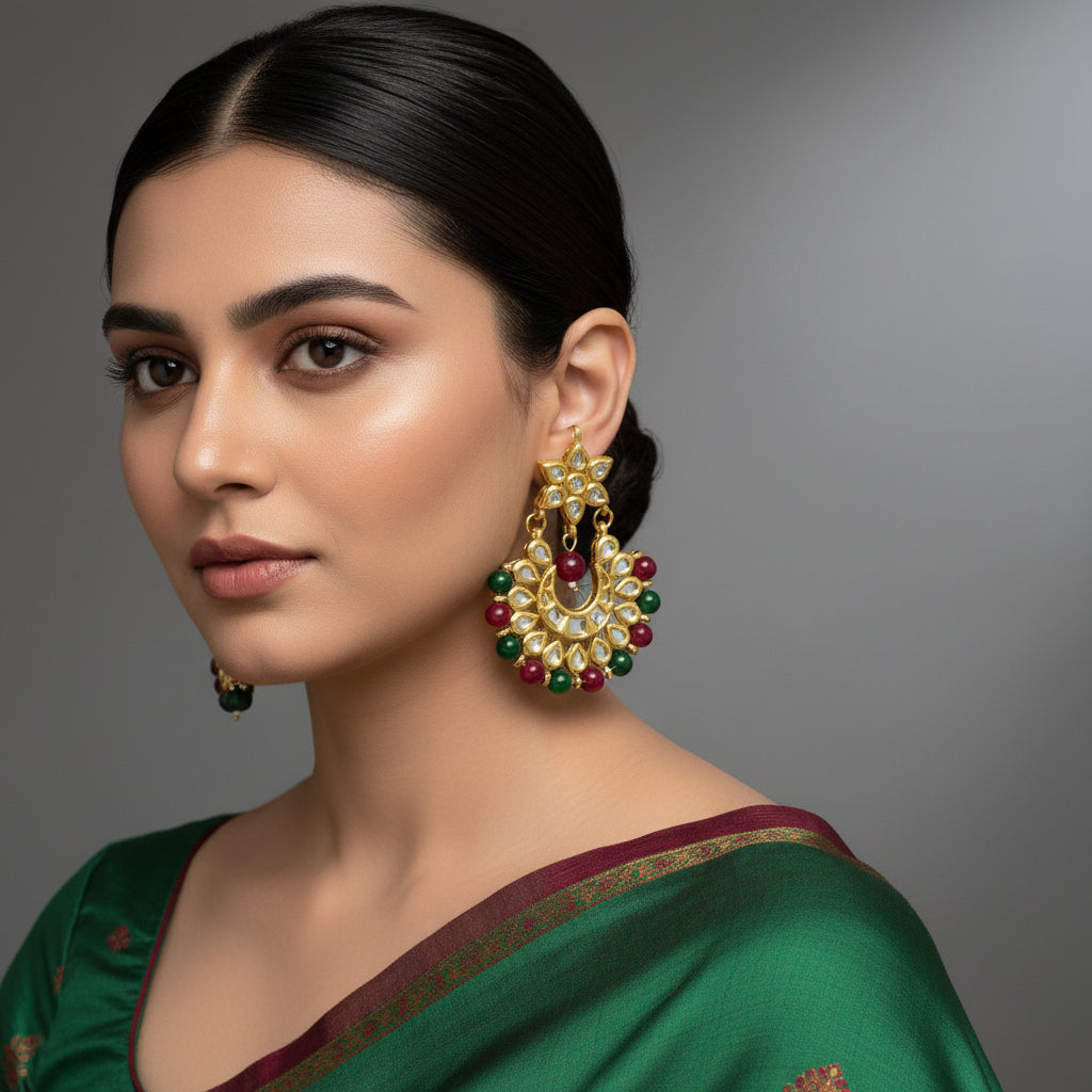 Gold earrings with red and green stones on a dark background, featuring the brand 'SAHELI'.