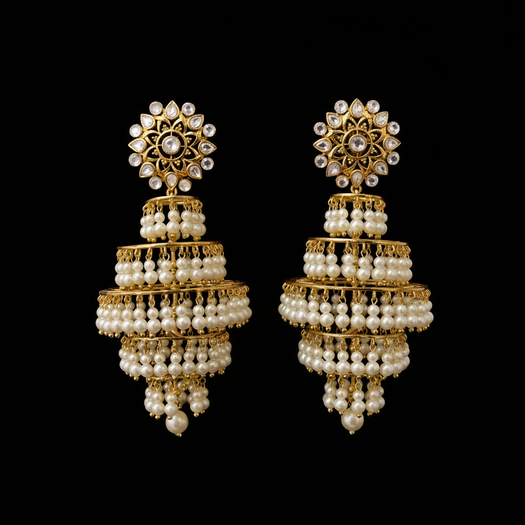 Pair of gold and pearl earrings on a black stand with a dark background