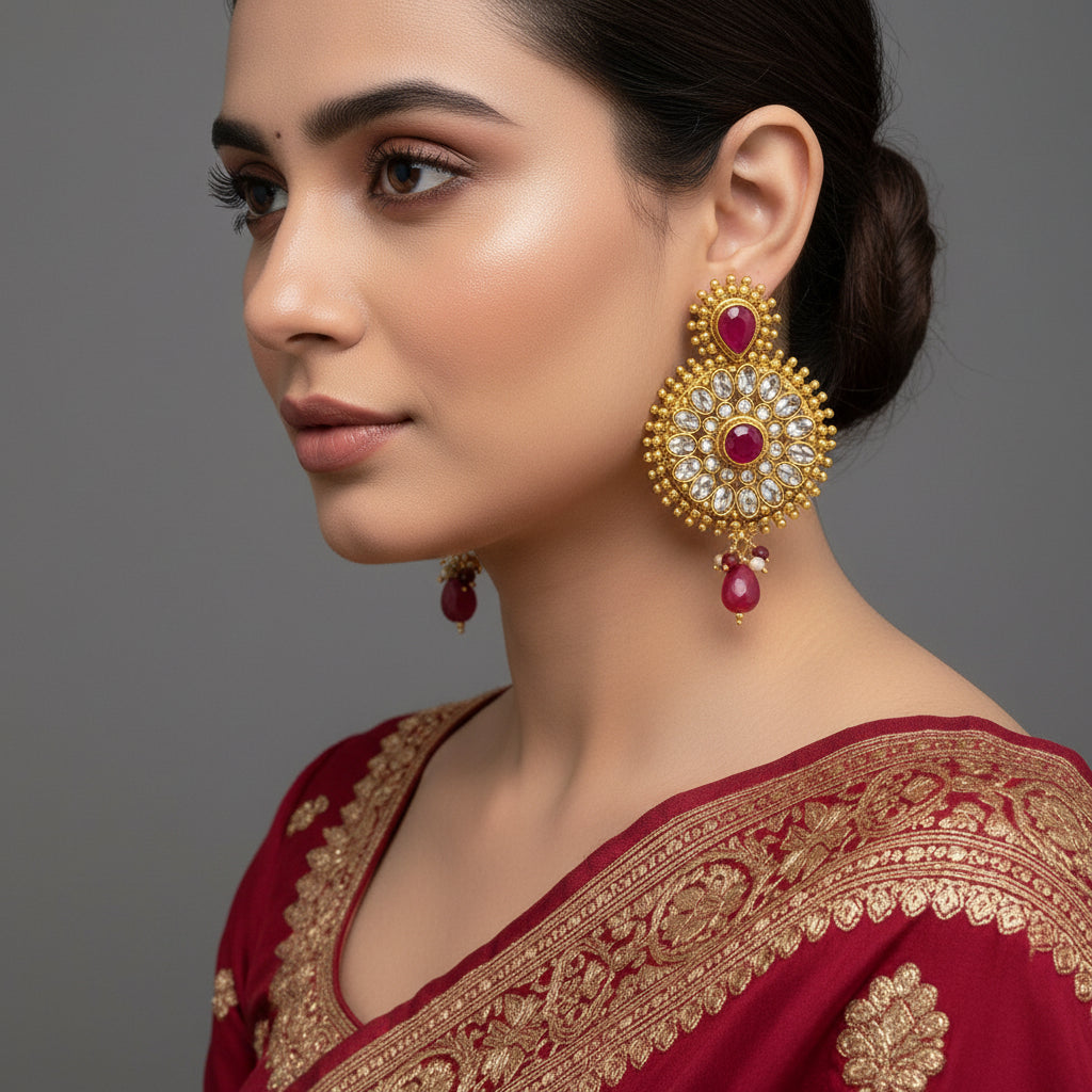 Gold and red earrings with 'Saheli' branding on a dark background