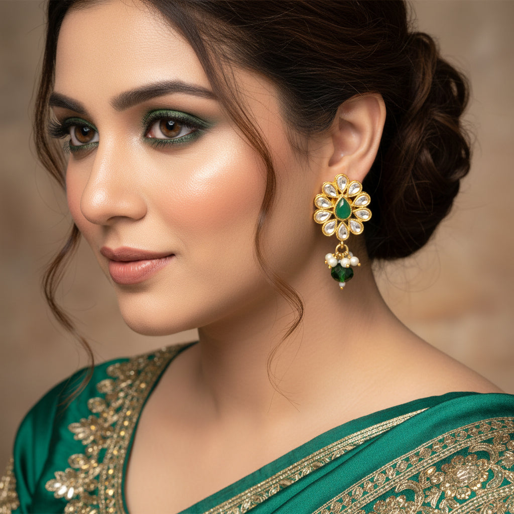 Gold earrings with green gemstones on a gray stand, featuring the brand 'Saheli'.