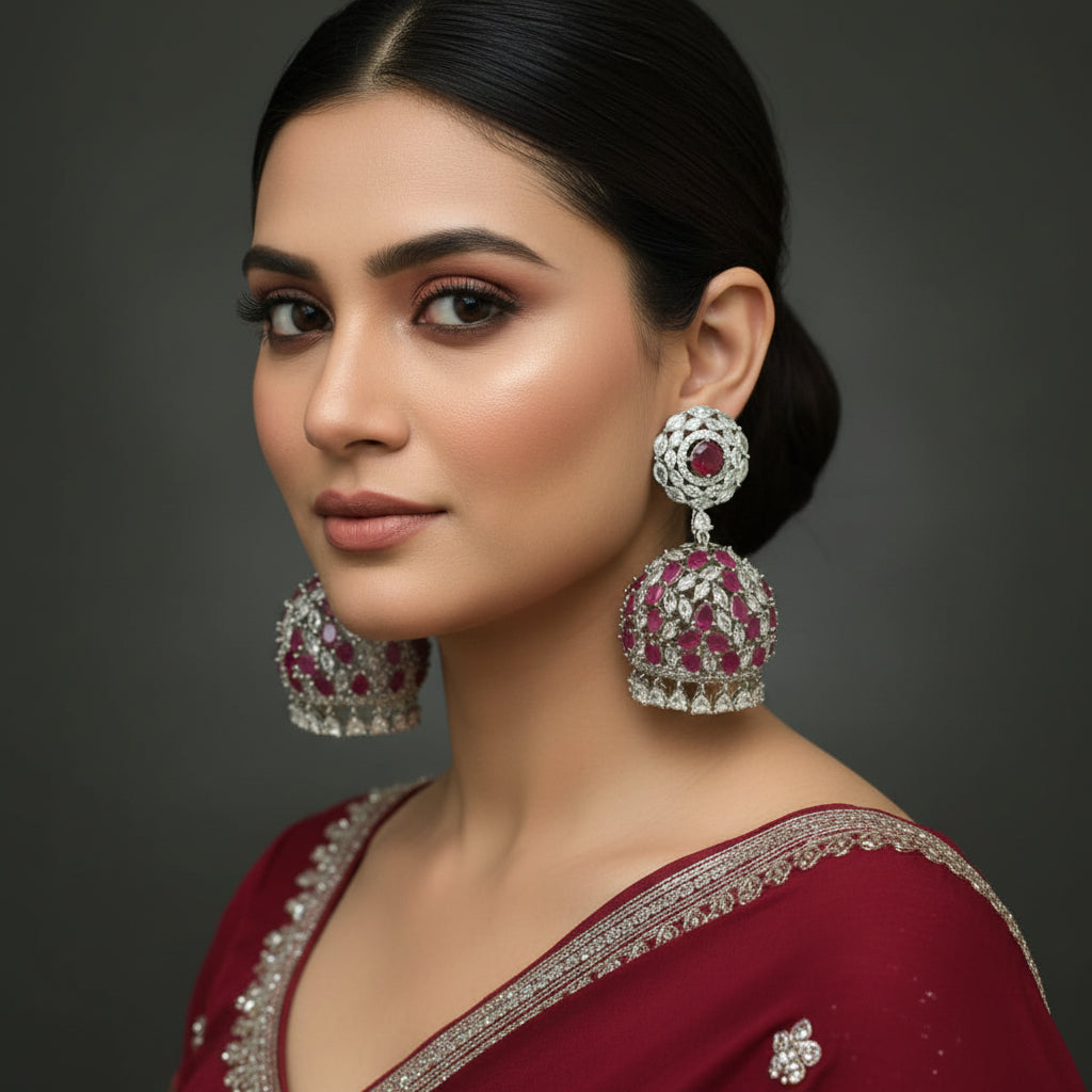 Ornate earrings with red gemstones on a dark background, branded 'Saheli'.