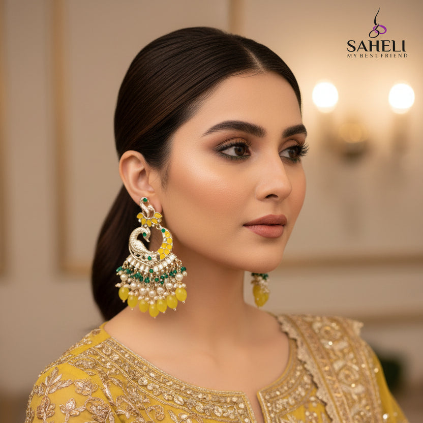 Pair of ornate earrings with green and yellow stones on a dark background, branded 'SAHELI'.
