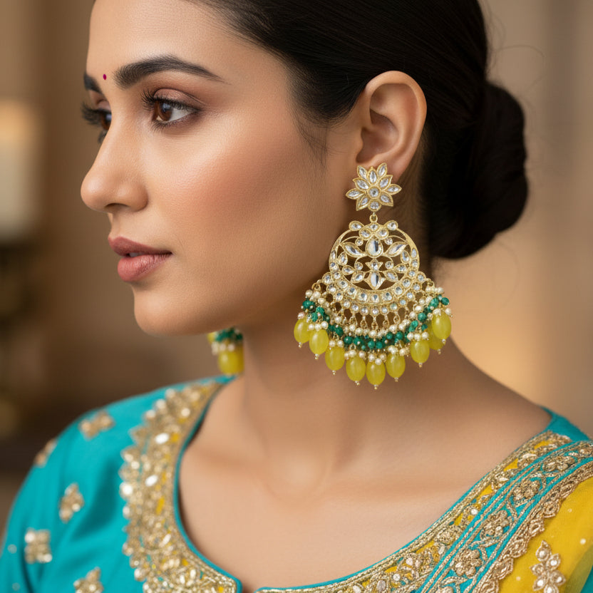 Pair of ornate earrings with green and yellow stones on a dark background