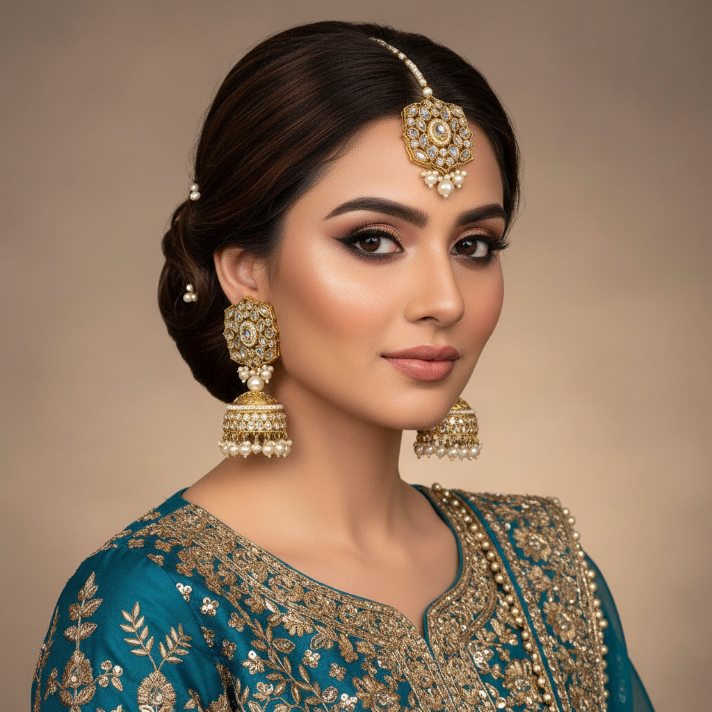 Gold and pearl earrings on a gray background with 'SAHELLI' branding.