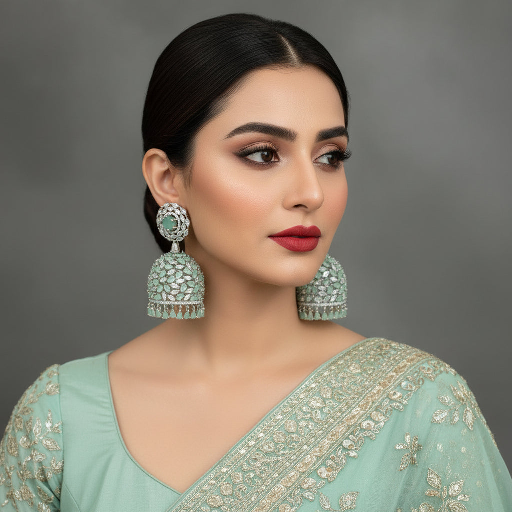 Pair of green gemstone earrings with silver accents on a dark stand against a gray background.