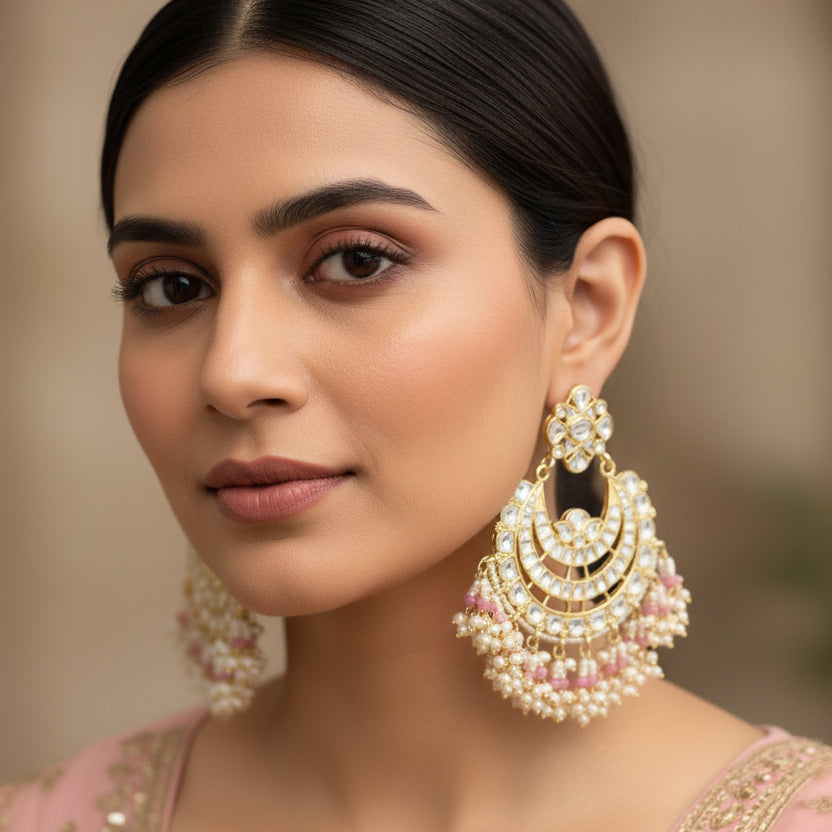 Ornate earrings with pearls and gemstones on a dark background