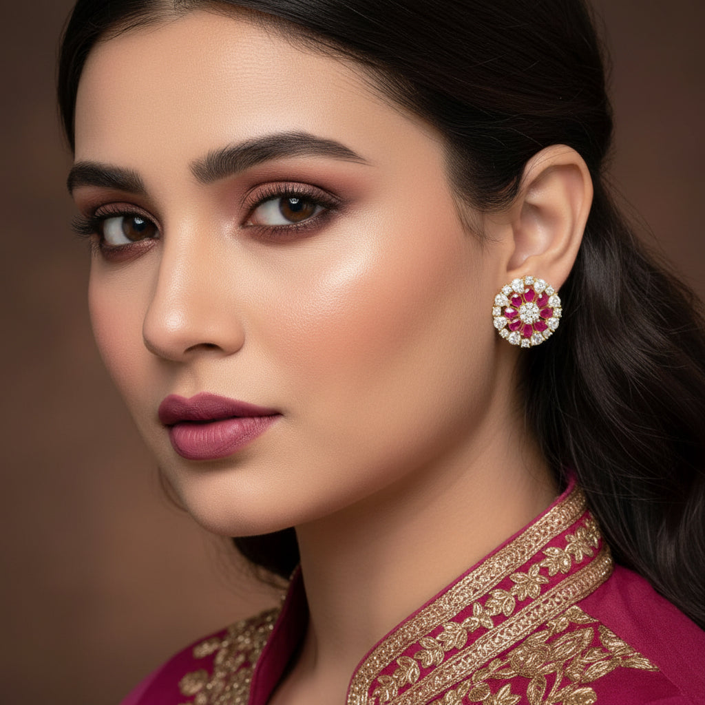 Pair of earrings with pink and white gemstones on a dark background, branded 'Saheli'.