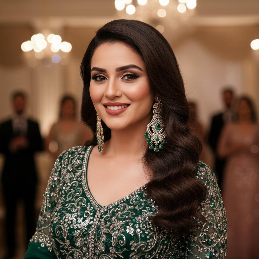 Woman in a green and silver traditional outfit with jewelry, standing in a festive indoor setting.
