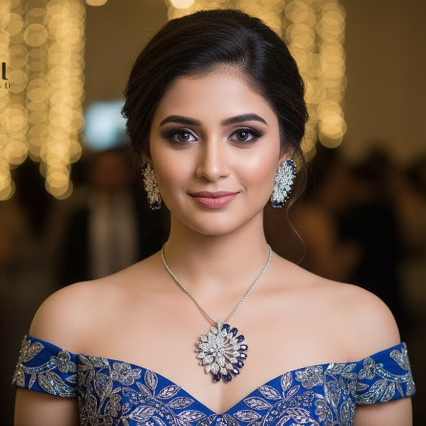 Woman wearing a blue saree with jewelry, with 'Saheli' brand visible