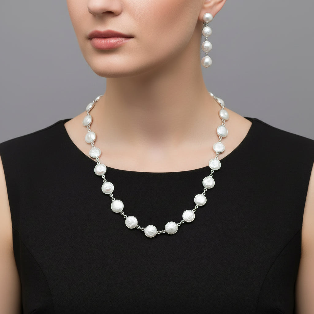 Pearl necklace and earrings set on a black stand with 'SAHELI' branding.