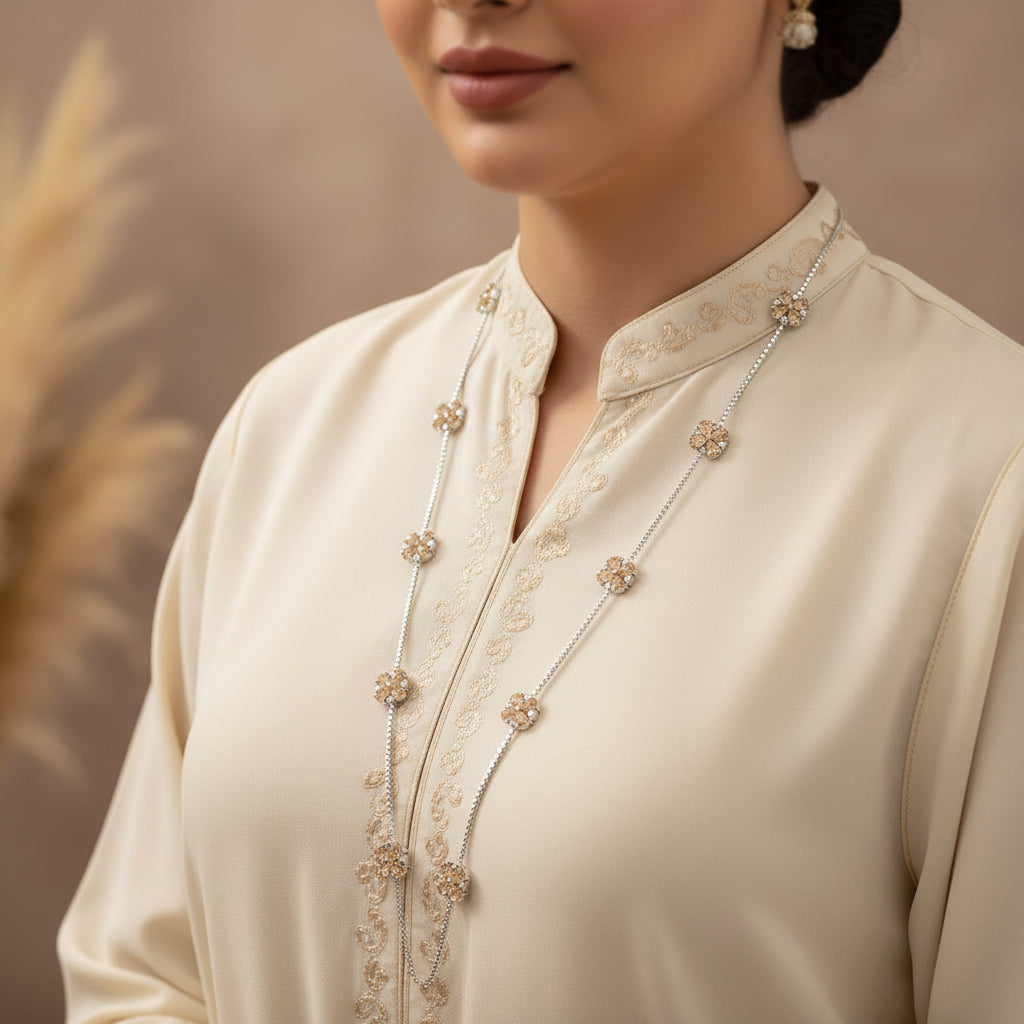 Silver necklace with floral designs on a gray background, featuring the brand 'Saheli'.