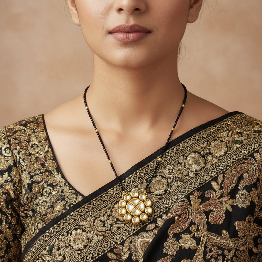 Gold and black beaded jewelry set featuring a necklace with a floral pendant and matching stud earrings, displayed on a dark reflective surface with a black stand. The brand name 'SAHELI JEWELLERYFRIEND' is visible in the top left corner.