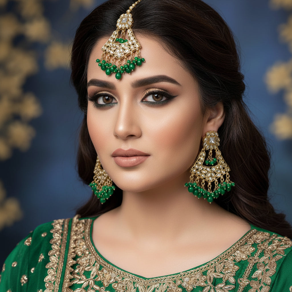 Woman wearing traditional blue and gold jewelry with a dark background