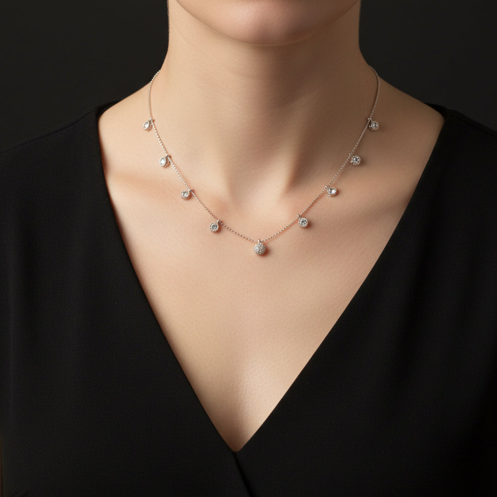 Delicate necklace with small diamonds on a dark background