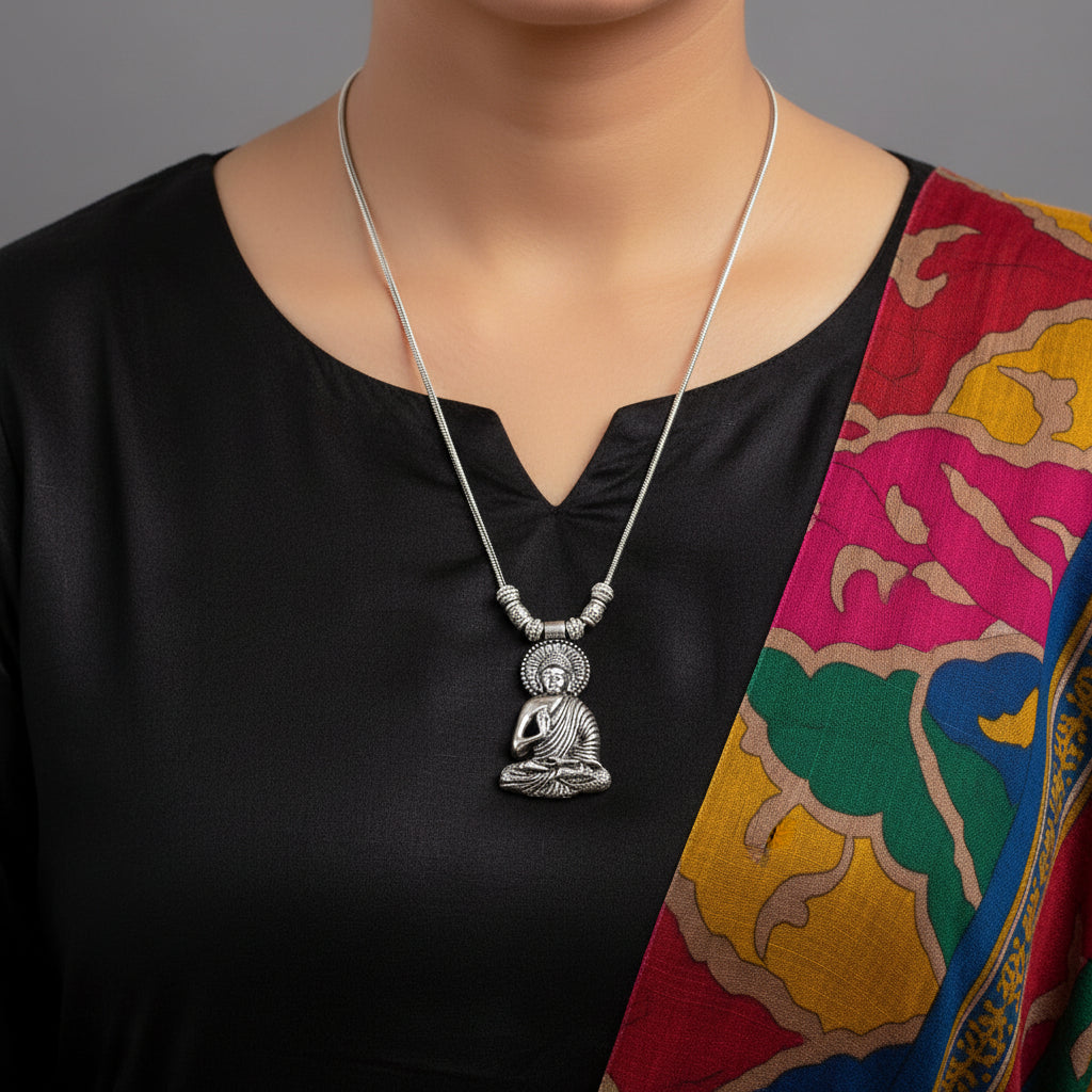 Silver Buddha pendant necklace on a gray background with 'SAHELI' branding.