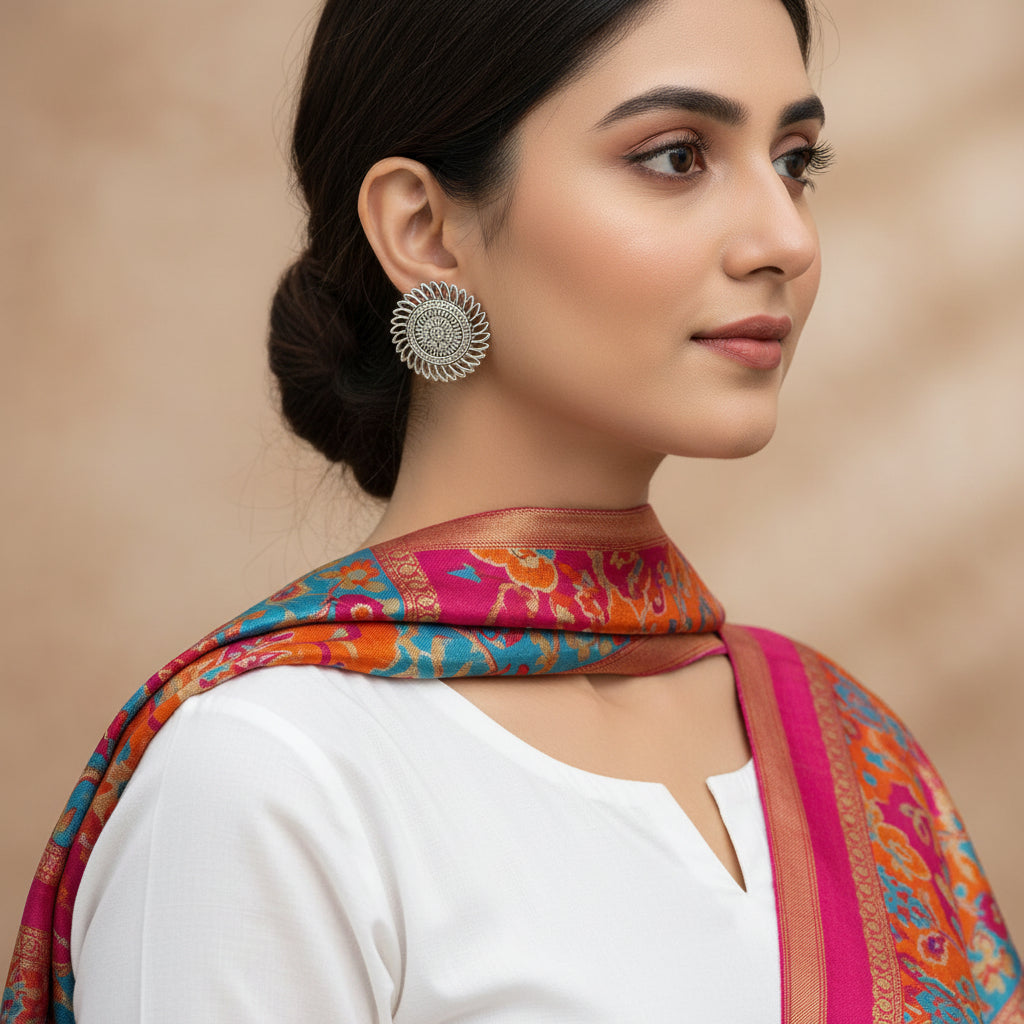 Pair of silver floral earrings on a gray background