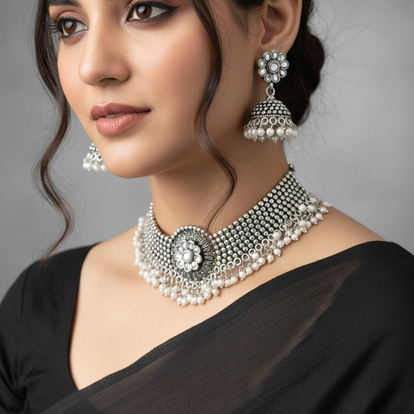Silver necklace and earrings set on a reflective surface