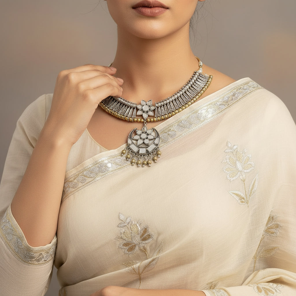 Decorative necklace with floral design on a dark background, featuring the brand 'Saheili'.