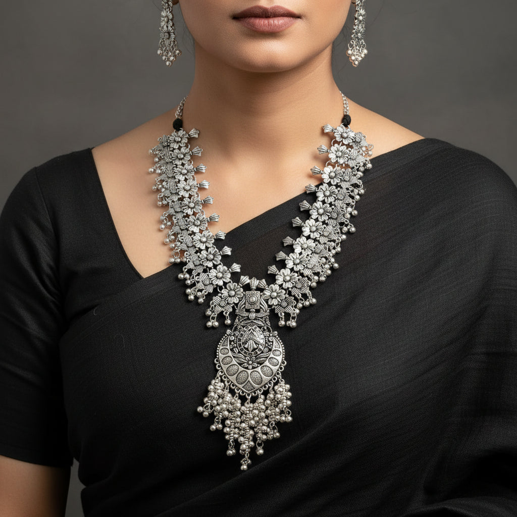 Silver necklace and earrings on a dark surface