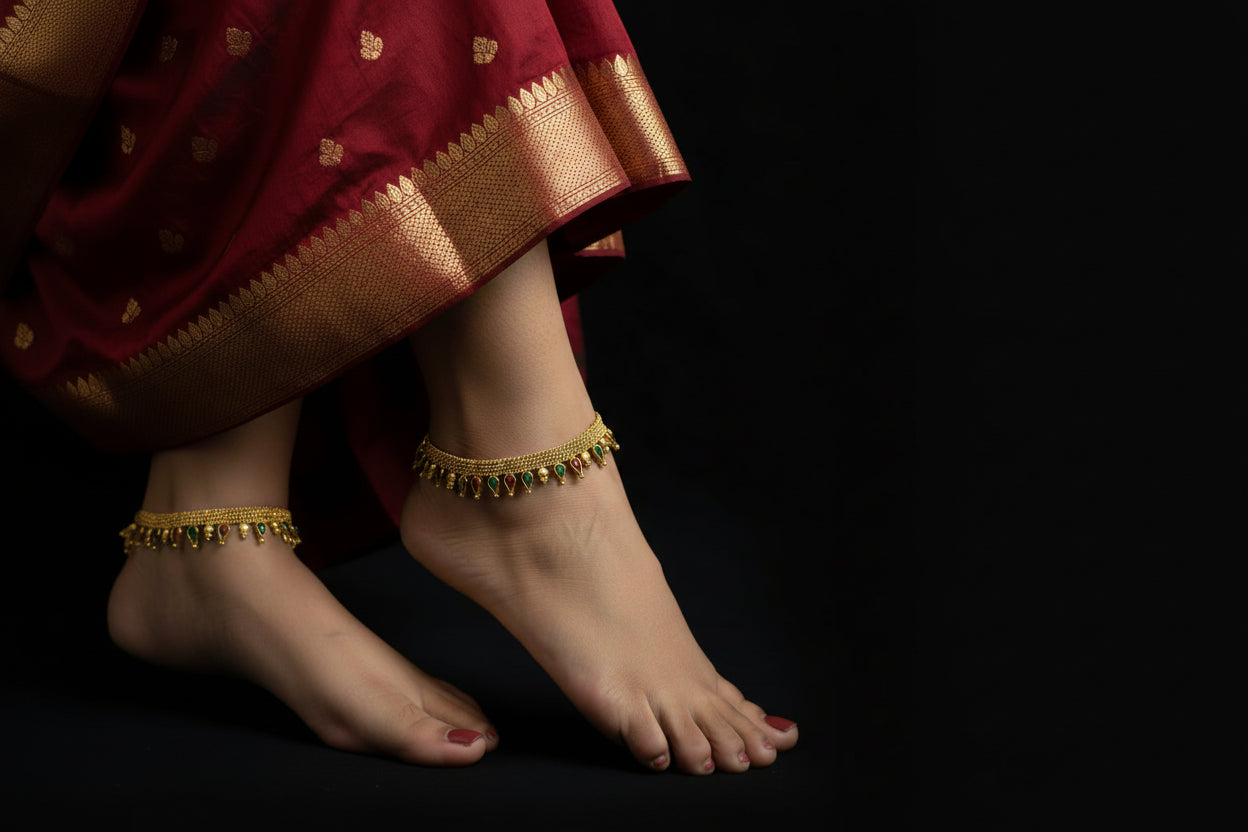 Gold necklace with green and red stones on a dark background, featuring the brand 'Saheli'.
