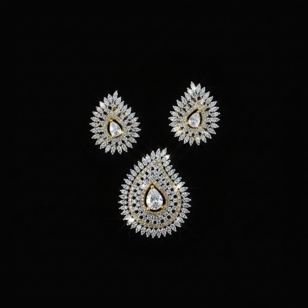 Diamond earrings on a dark background with 'Saheli' branding.