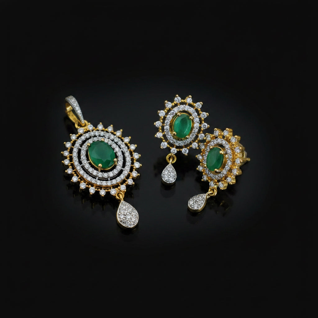 Gold and emerald green jewelry set with 'Saheli' branding on a dark background