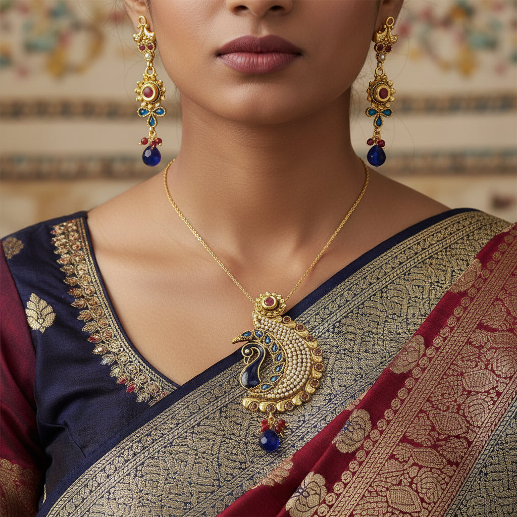 Gold peacock-shaped pendant with blue and red stones on a dark background, branded 'SAHELLI'.
