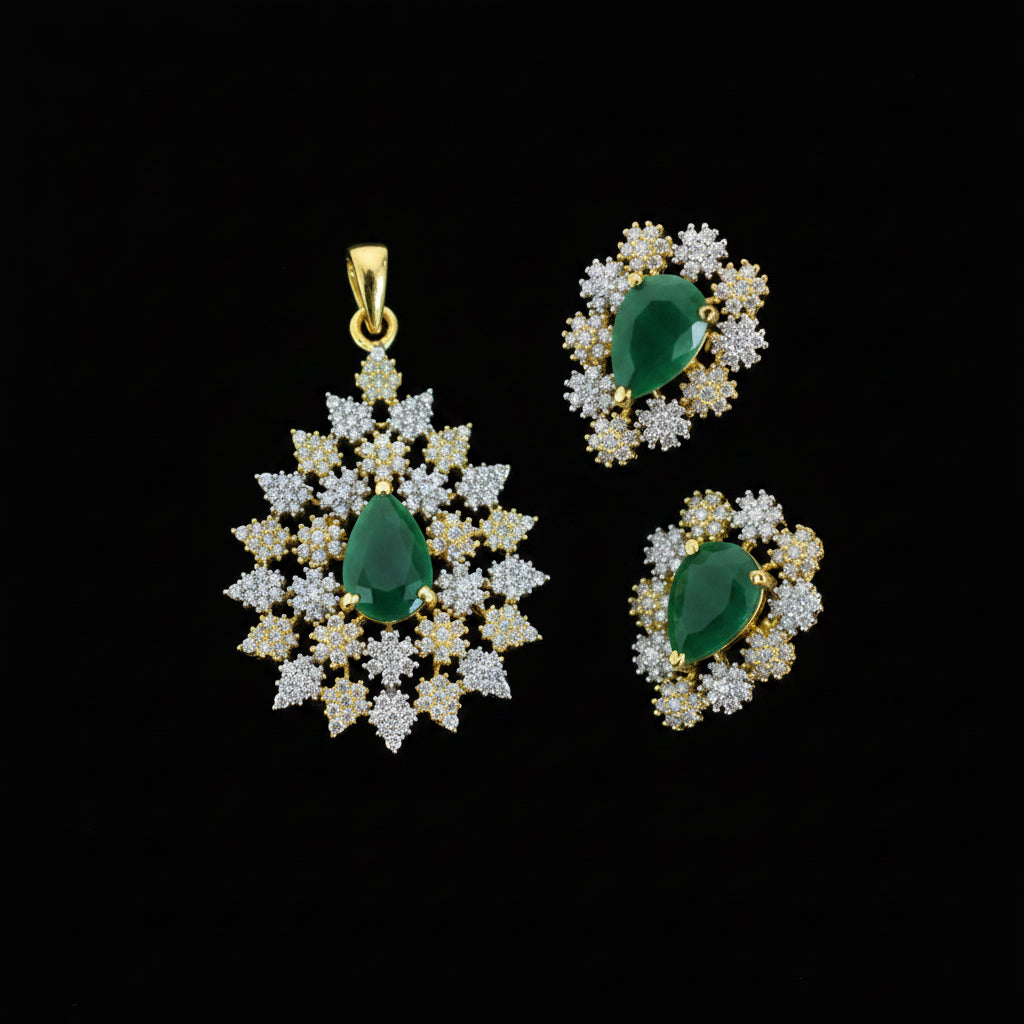 Jewelry set with green stones and gold accents on a dark background, featuring the brand 'Saheli'.