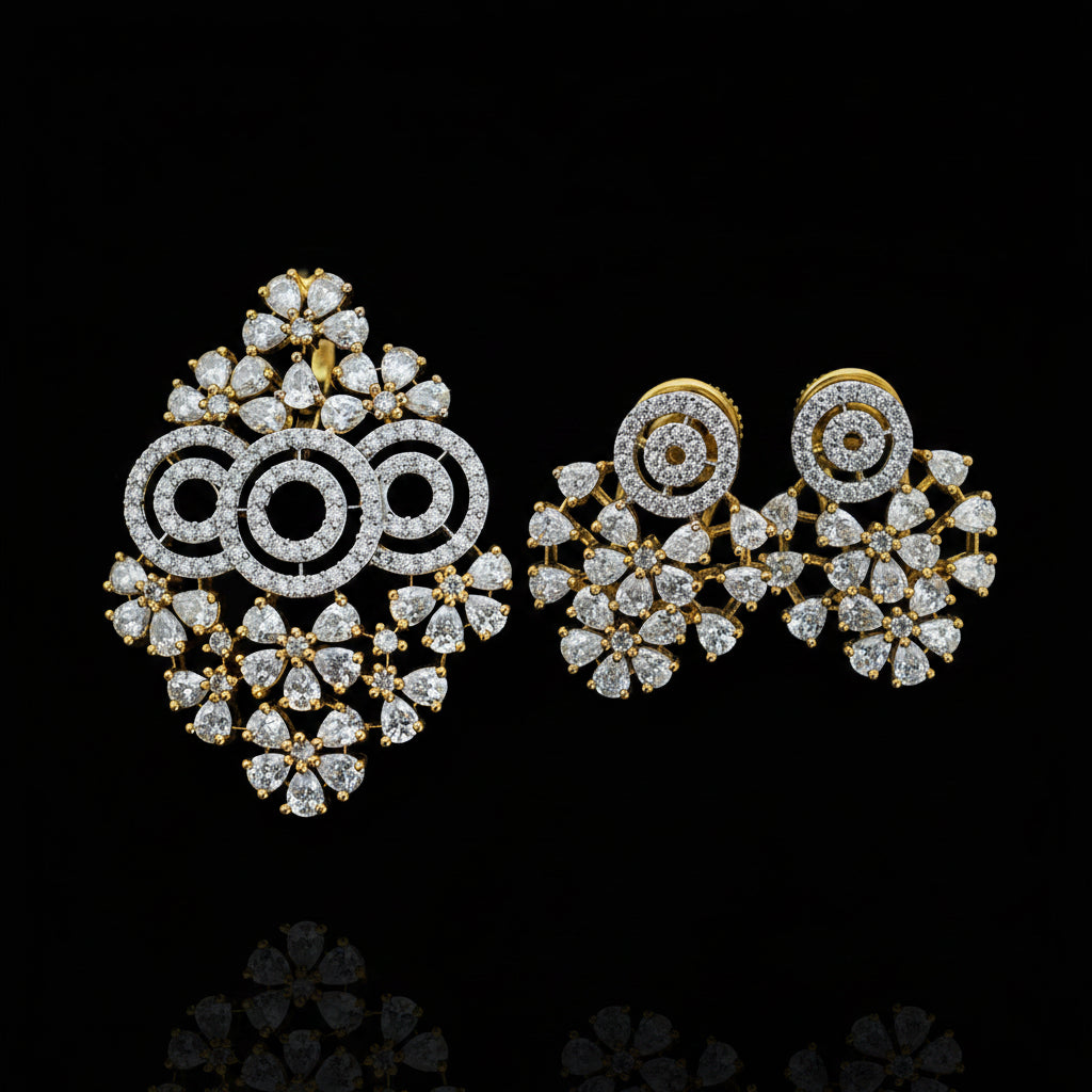 Pair of diamond earrings with gold and silver details on a dark background, branded 'Saheli'.