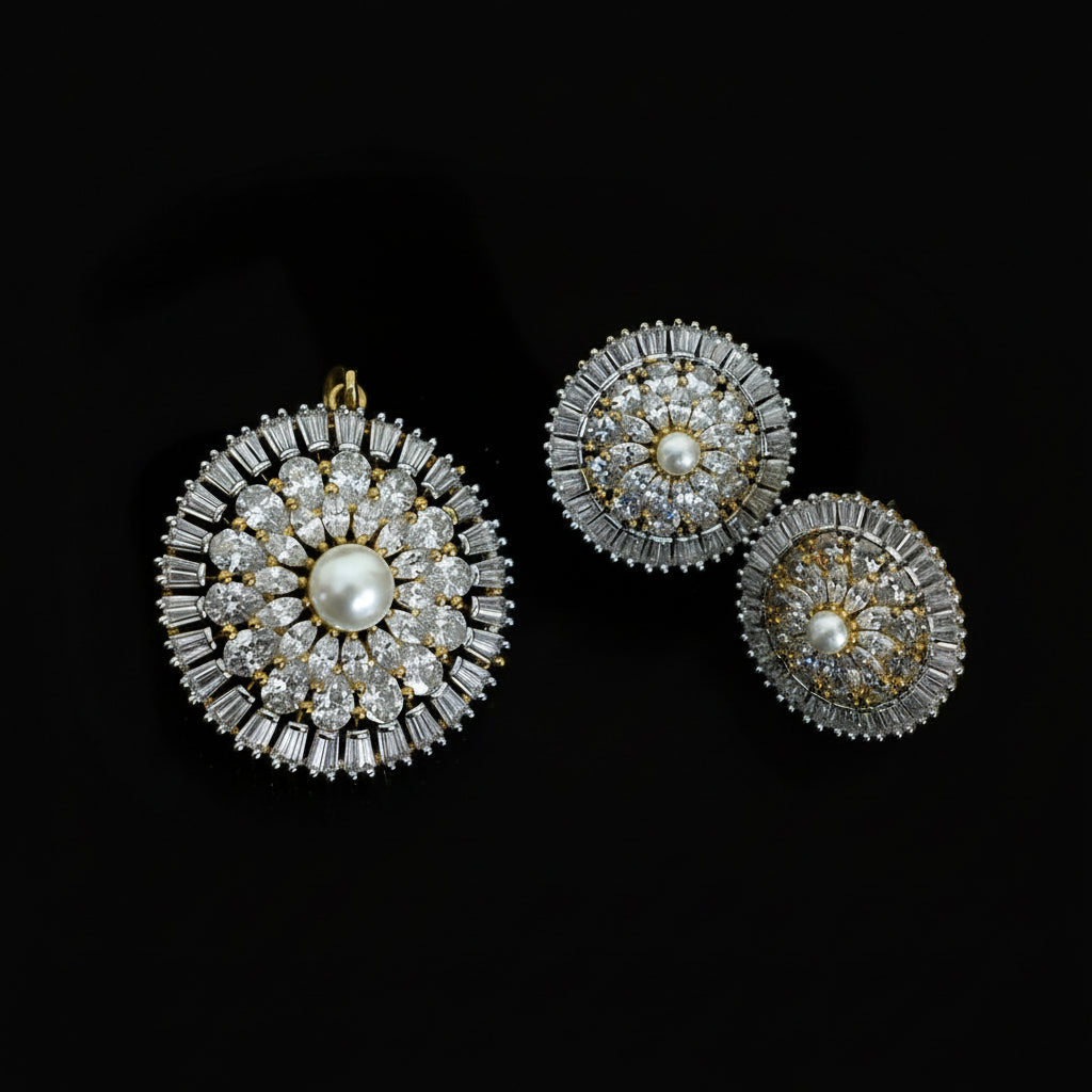 Ornate earrings with pearls and gemstones on a dark background, featuring the brand 'SAHELI'.