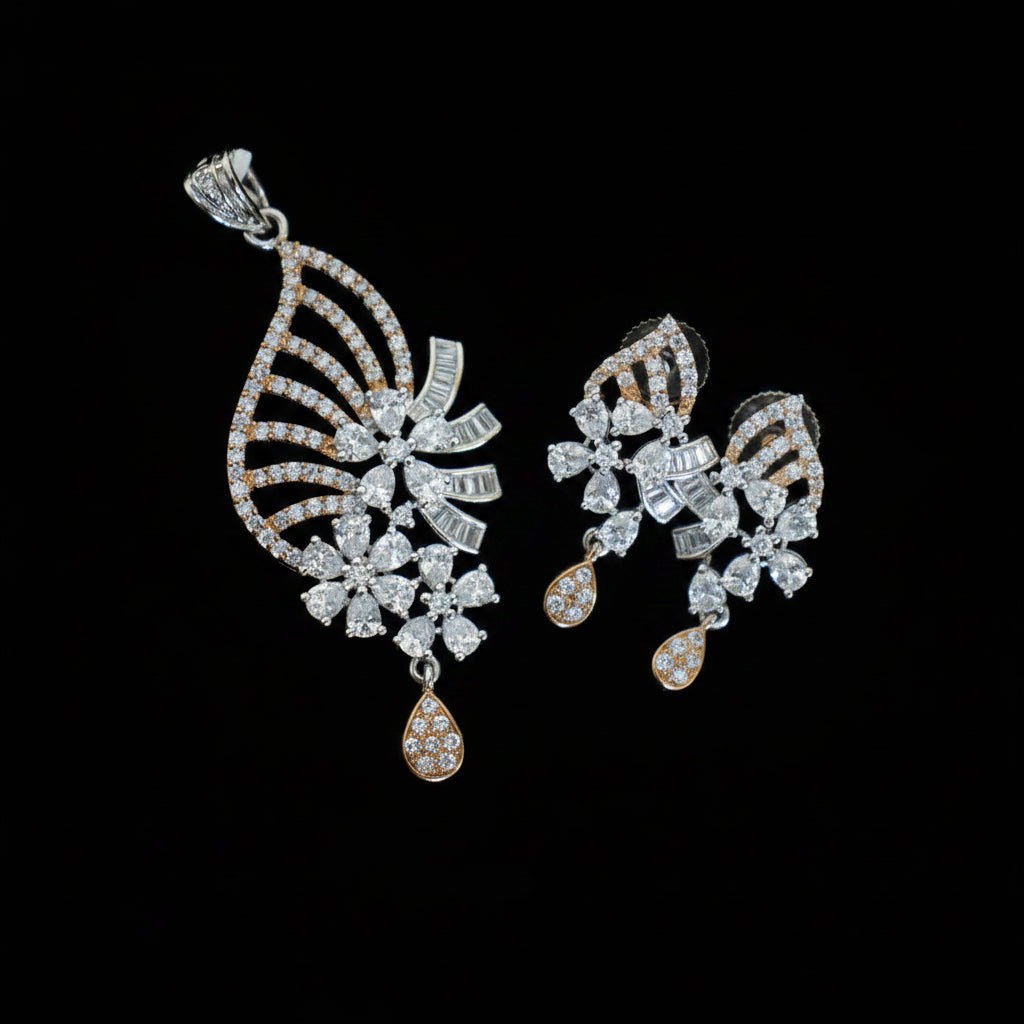 Jewelry set with earrings and a necklace on a dark background, featuring the brand 'SAHELI'.