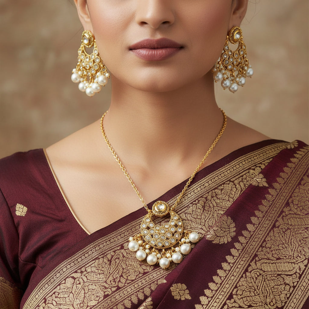 Set of gold and pearl earrings on a dark background with 'SAHELI' branding.