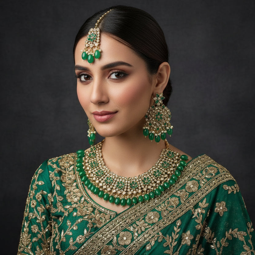 Green and gold jewelry set with 'Saheli' branding on a dark background