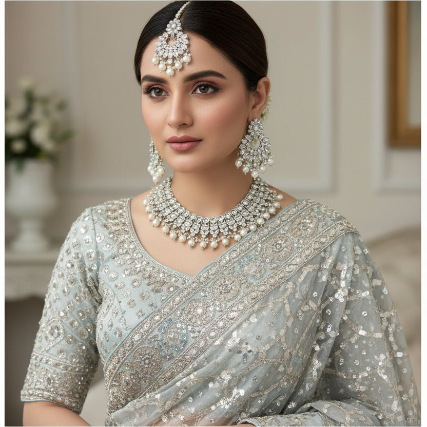 Silver jewelry set with necklace, earrings, and bangles on a dark background