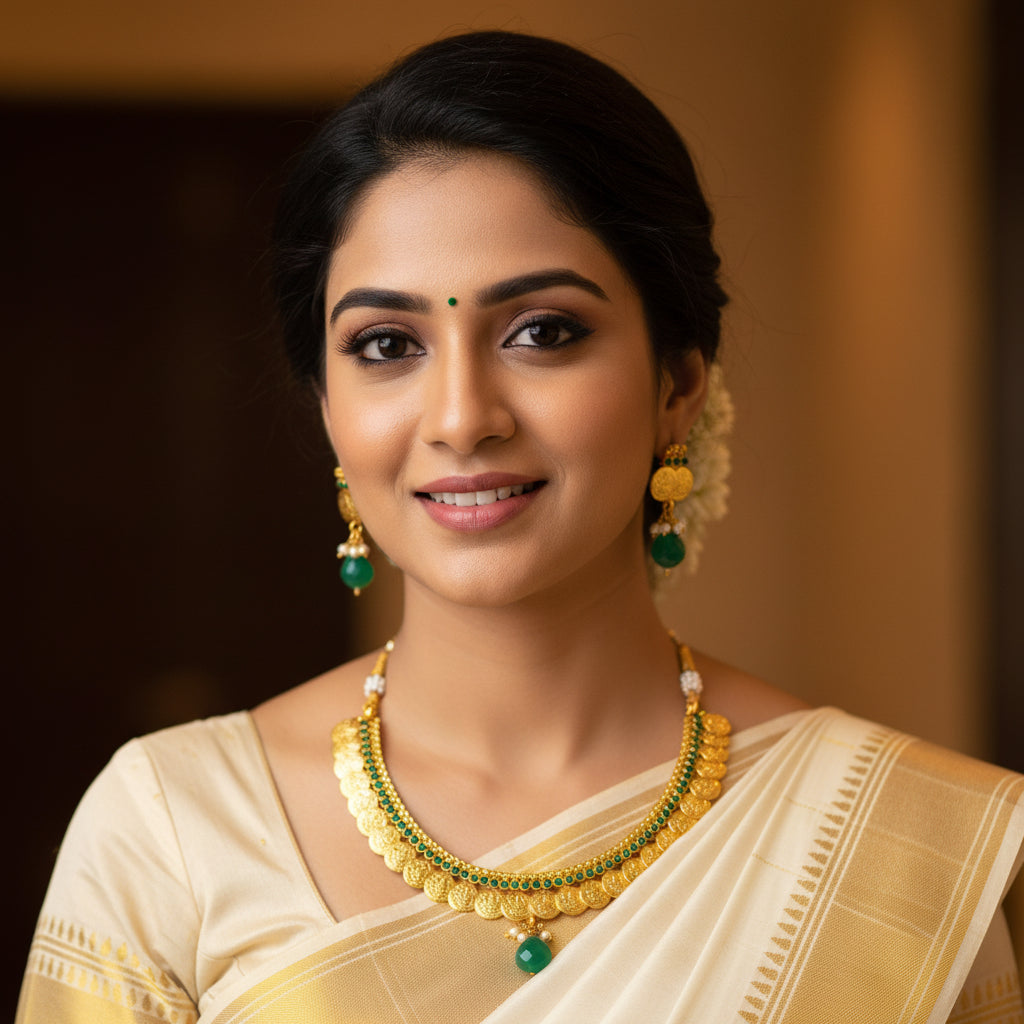Gold coin necklace and matching drop earrings with green stone accents, displayed on a dark reflective surface with a brand logo in the top left corner.