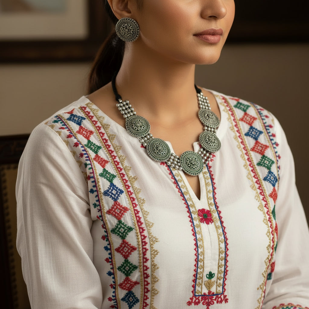 Silver necklace and earrings set on a reflective surface