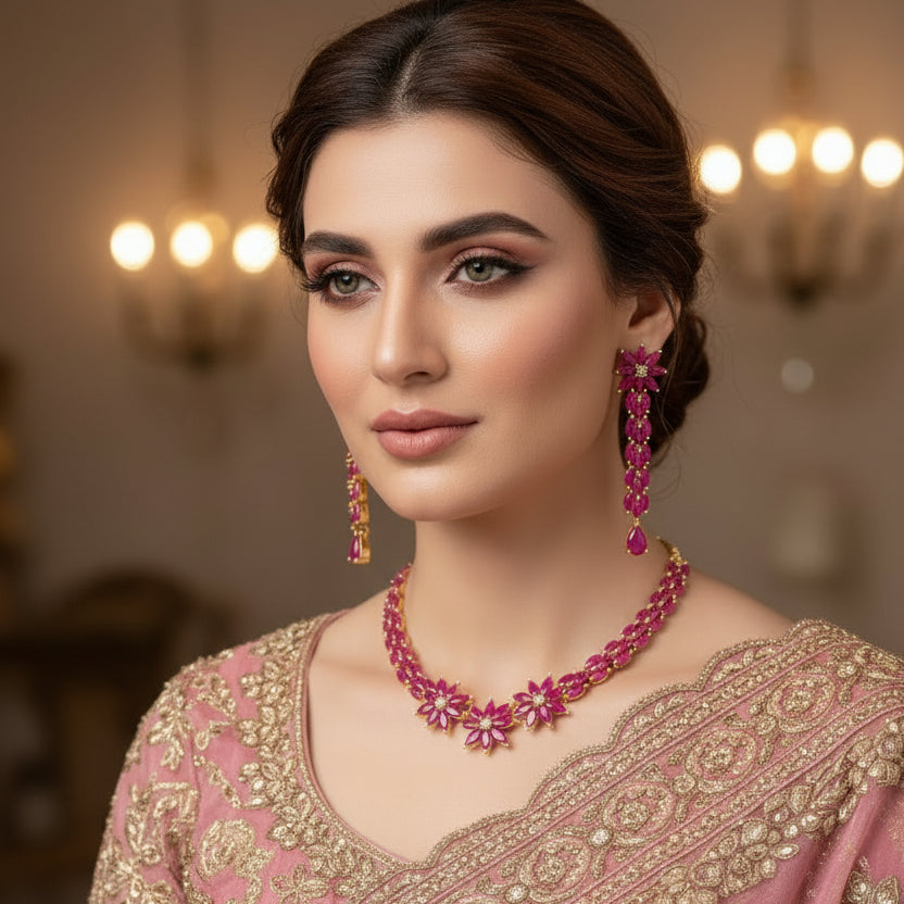 Pink floral necklace and earrings set with 'Saheli' branding on a gray background