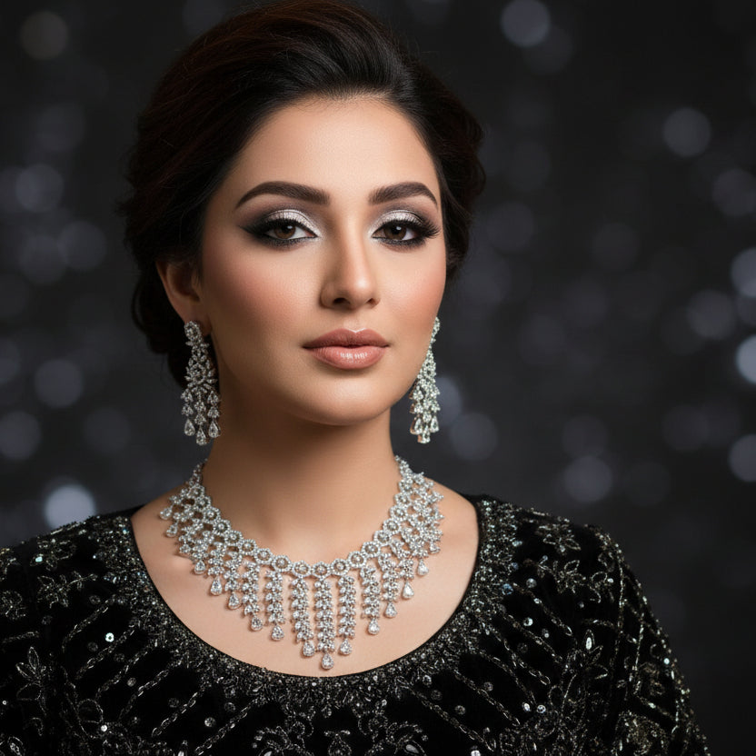 Silver necklace with matching earrings on a dark background