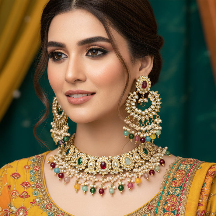 Jewelry set with earrings, necklace, and choker on a black background with 'Saheli' branding.