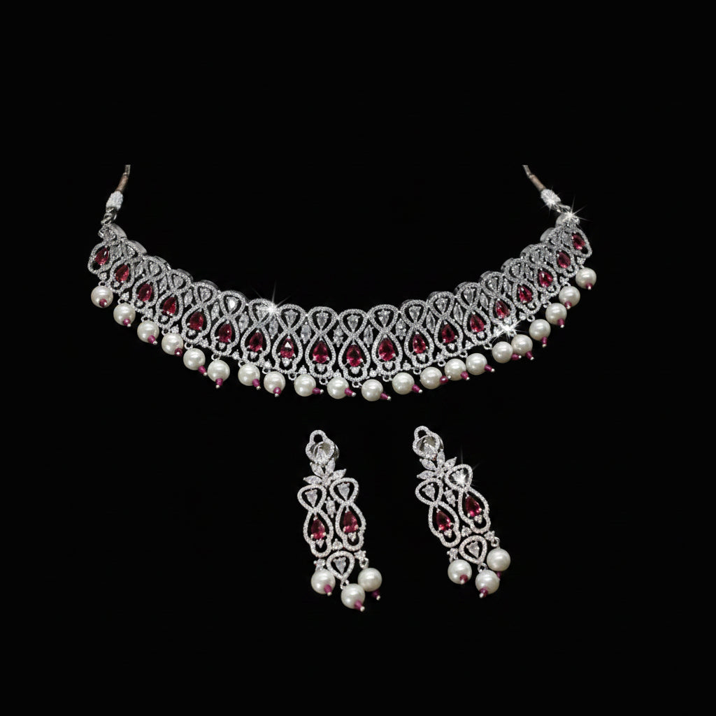 Jewelry set with necklace and earrings on a dark background, featuring the brand 'Saheli'.