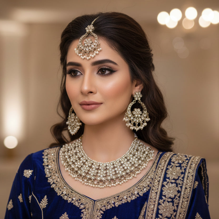 Pearl necklace and earrings set on a dark background