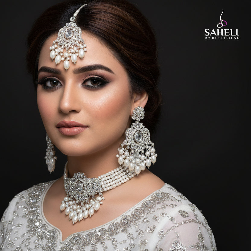 Jewelry set with necklace, earrings, and maang tikka on a black background with 'Saheli' branding.