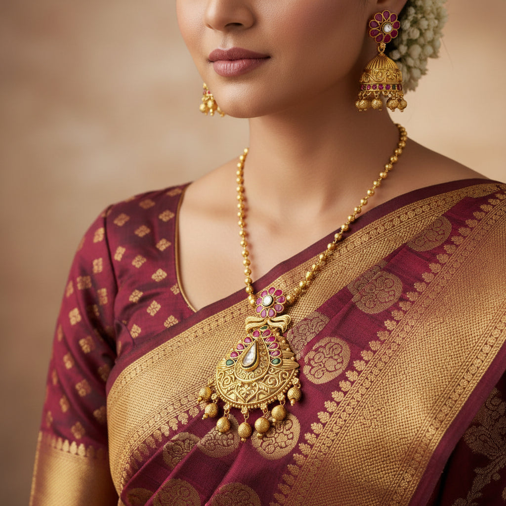 Gold earrings with red and green gemstones on a gray background, branded 'SAHELLI'.