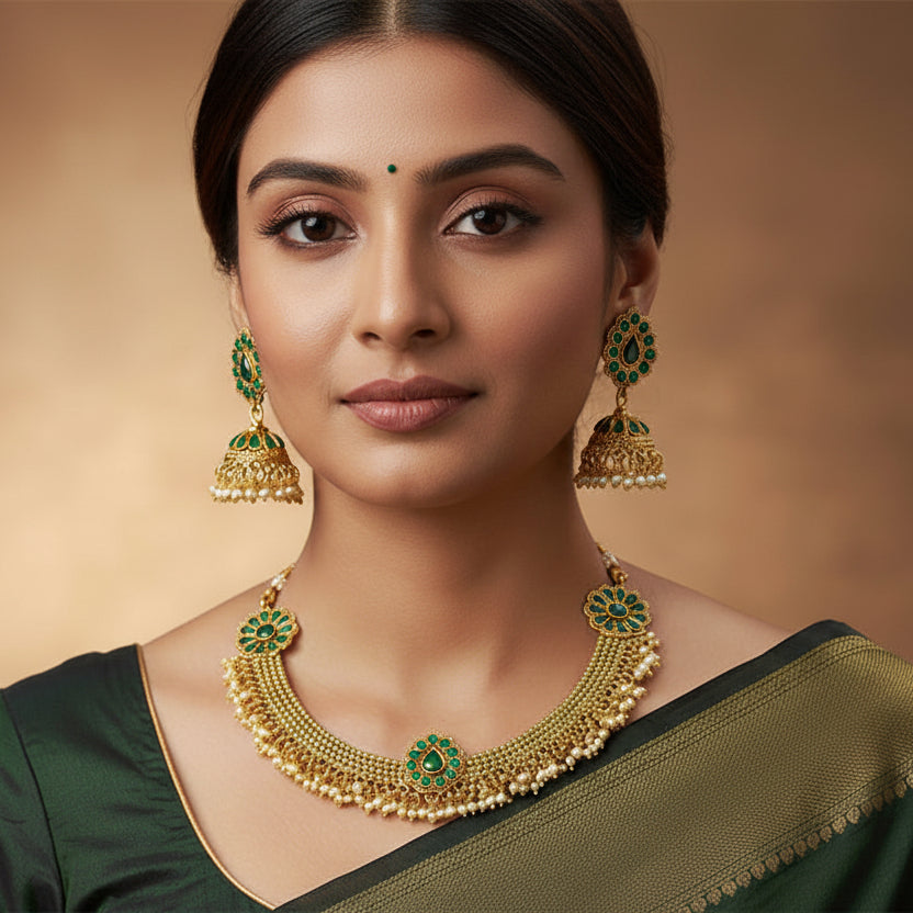 Gold and green jewelry set on a black stand with 'Saheli' branding.