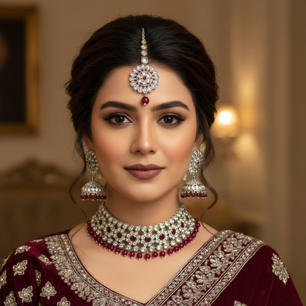 Jewelry set with choker, earrings, and ring on a dark background