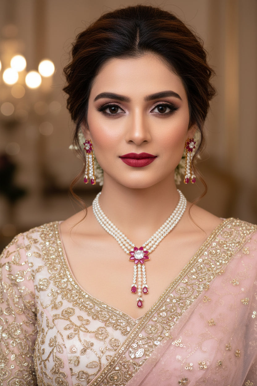 Pearl necklace with pink floral accents and matching earrings on a dark background, branded 'SAHELI'.
