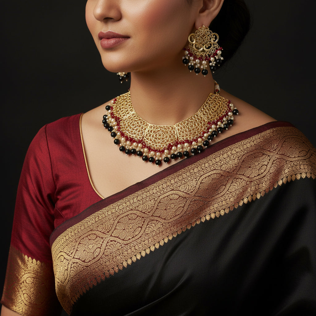 Ornate necklace and earrings set with red, black, and gold colors on a dark background
