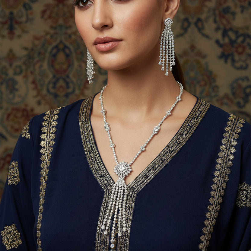Silver necklace and earrings on a dark surface