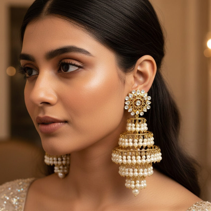 Woman wearing large, ornate earrings with a blurred background